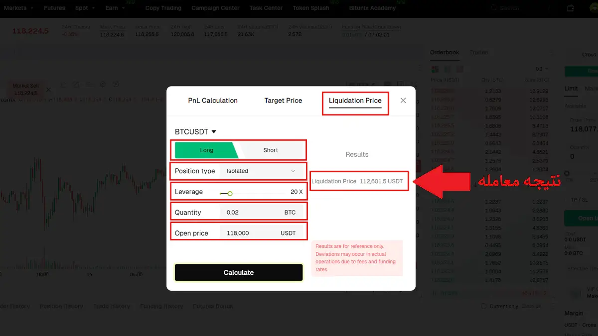 توضیح بخش Liquidation Price در ماشین حساب فیوچرز بیت یونیکس