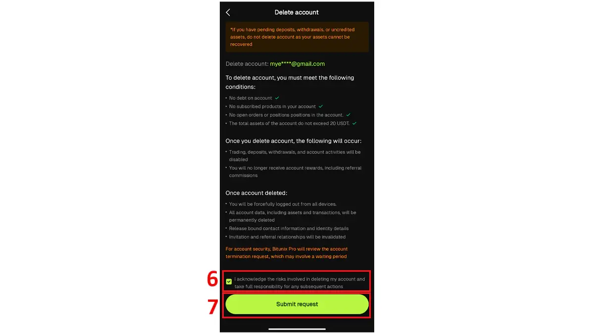 گزینه Submit request برای درخواست حذف اکانت بیت یونیکس