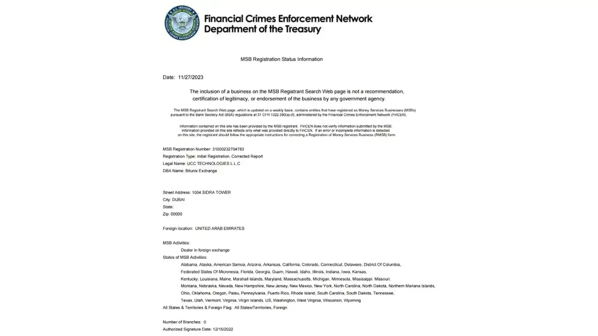 تصویر مجوز MSB امریکا برای صرافی بیت یونیکس