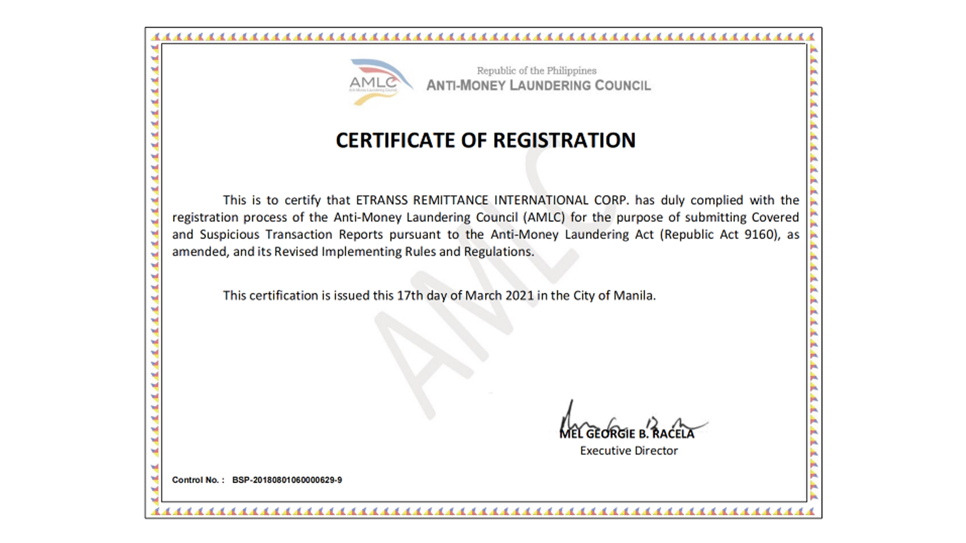 تصویر مجوز VASP فیلیپین برای صرافی بیت یونیکس